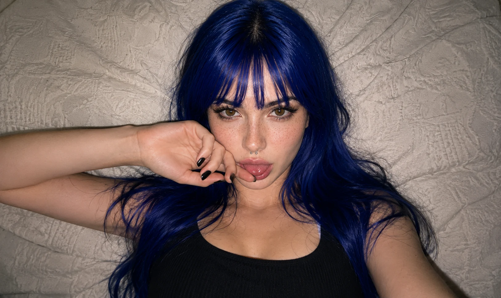 Lilly with vivid blue hair