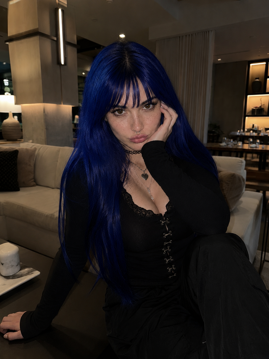Lilly with vivid blue hair
